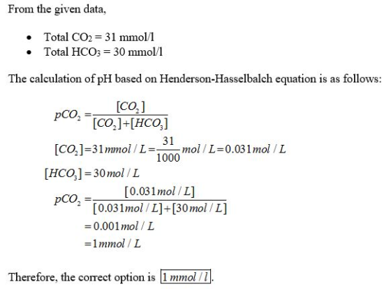 From the given data, Total CO2 = 31 mmol/1 Total HCO; = 30 mmol/1 The calculation of pH based on Henderson-Hasselbalch equati