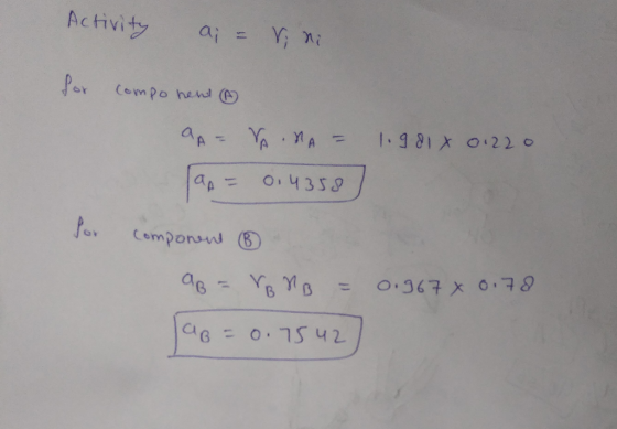 Activity ai =Yi ni Por (ompo hend (A 1.9 81x 0.22 o O4359 Componn B O.367 X 0.78 C6- 0.75 42