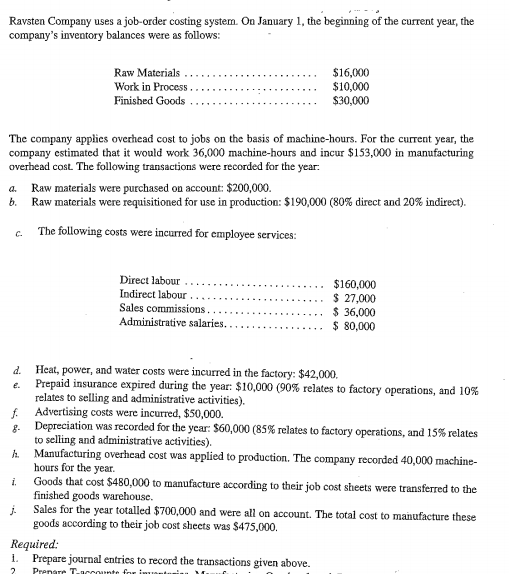 Ravsten Company uses a job-order costing system on January 1, the beginning of the current year, the companys inventory bala