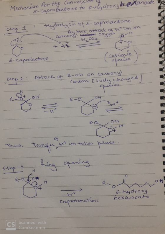 Mechanism for the conversion 4 . E-caprolactone to 6-rydroxybertanoate e Step-I tuydrolysis of E-caprolactone carb by the att