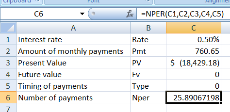 Cipuudlu PUNIL ДІТЧІТЕТ А C6 c =NPER(C1,C2,C3,C4,C5) B 1 Interest rate Rate 0.50% 2 Amount of monthly payments Pmt 760.65 3 P
