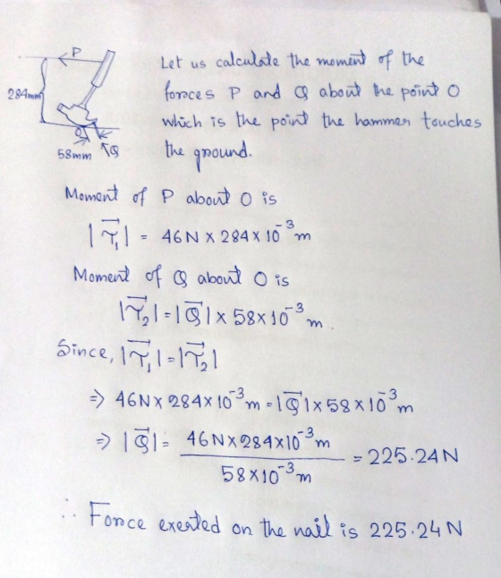 284mm Let us calculate the moment of the forces P and a about the point o which is the point the hammer touches the 58mm To g