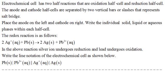 Electrochemical cell has two half reactions that are oxidation half-cell and reduction half-cell. The anode and cathode half-