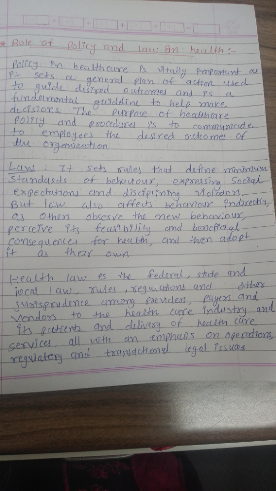 * Role of Policy and law an health - I policy in health care is ütally important as it sets a general plan of action used to