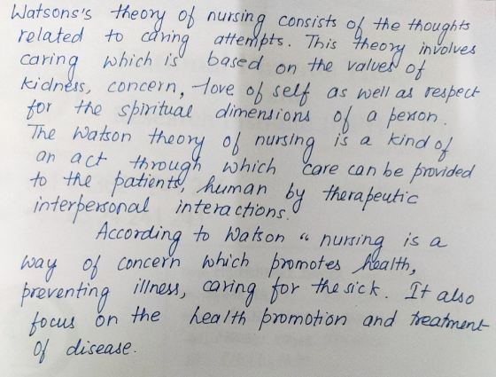 Watsonss theory of nursing consists of the thoughts related to caring attempts. This theory involves caring which is based o