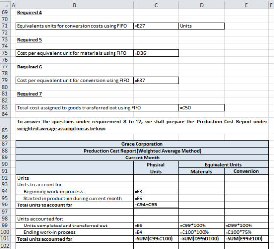 A F 69 Required 4 70 71 Equivalents units for conversion costs using FIFO -E27 Units 72 Required 5 73 74 75 =D36 Cost per equ