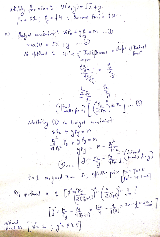 utility function a ulo, y) = $1 ty P2= $1; Py = 44 ;. Income (m) = $120. a) Budget constraints Alla typy = m ..... max : V =