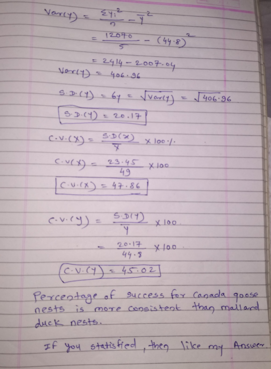 Varry) {y: ² n 12070 (448) 5 = 2914-2007.04 varly) = 406.96 S.D. (Y) = by = Svarly) S.D.(4) = 20.17 – 406.96 cov.(x) = SD(x)
