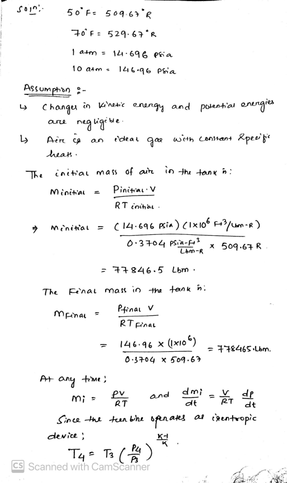 SON 500Fs 509.67°R 70°F = 529.67°R 1 atm = 14.696 psia 10 atm - 1216.96 psia Assumphon :- changes in kinetic energy and poten