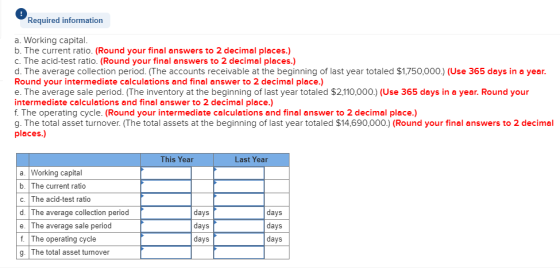 Required information a. Working capital. b. The current ratio. (Round your final answers to 2 decimal places.) c. The acid-te