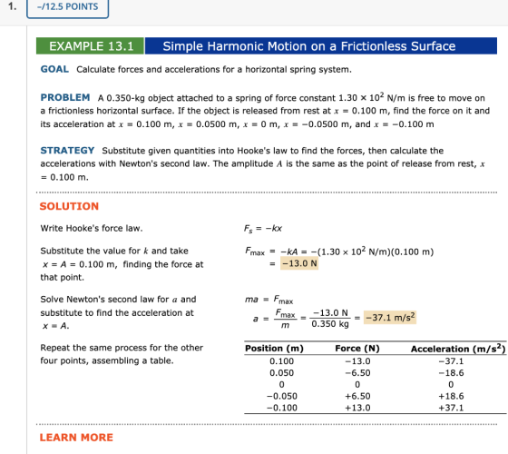 -/12.5 POINTS EXAMPLE 13.1 Simple Harmonic Motion on a Frictionless Surface GOAL Calculate forces and accelerations for a hor