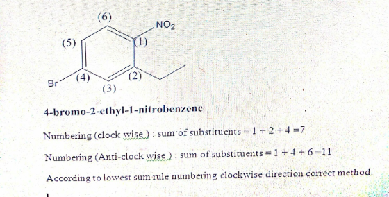 (6) NO2 Br (4) (2) 4-bromo-2-ethyl-1-nitrobenzene Numbering (clock wise): sum of substituents = 1 + 2 + 4 =7 Numbering (Anti-