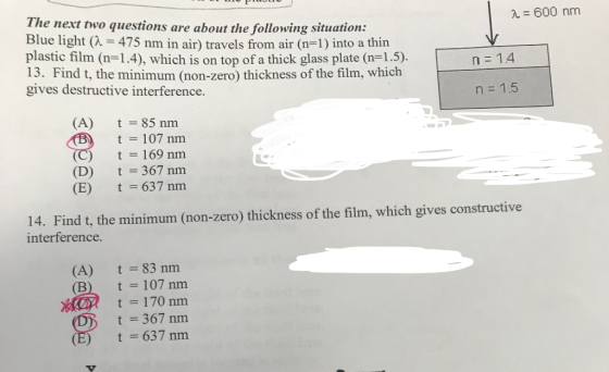 O COPILULU 2 = 600 nm The next two questions are about the following situation: Blue light (a = 475 nm in air) travels from a