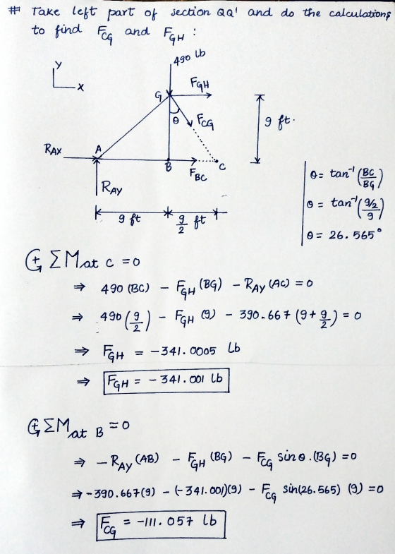 # Take left part of section QQ and do the calculations to find Fea and FGH : 490 lb ㄴ Х FGH Ech 9 ft. RAX FBC tan (Besa) O-