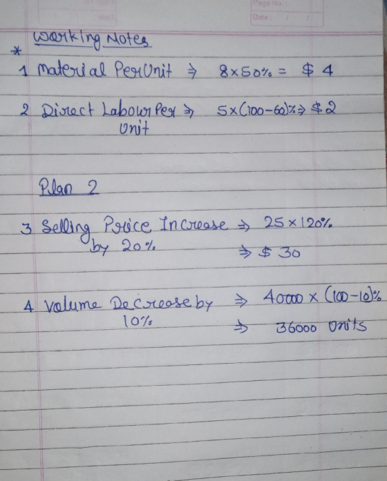 Pago No. Date working Notes 1 material Perunit 2 Direct Labour Pera) 8&90% = $4 5x100-60%= $2 Plan 2 3 Selling Price Increase