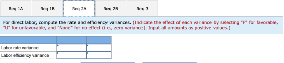 Req 1A Req 1B Req 2A Req 2B Req 3 For direct labor, compute the rate and efficiency variances. (Indicate the effect of each v
