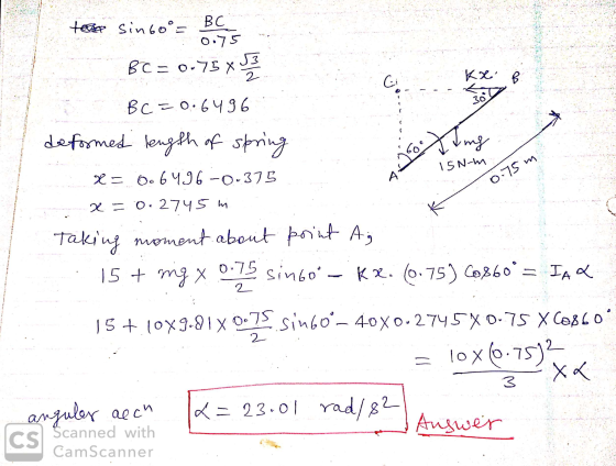 tase sin 60°= BC 0.75 BC=0.75 X 53 2 Gi kx B. 30 BC = 0.6496 deformed length of spring ting GO ISN-m x= c 6 496 -0.375 А 0.75