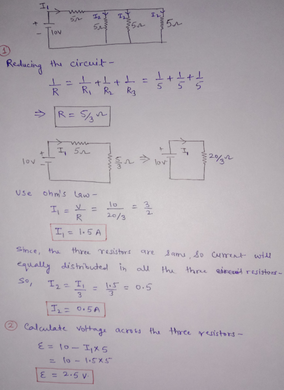 50 5un 5 lov Reducing the circuit - 1 tltt - It. Ř - R. R2 - 5 5 R3 R = 5/2 5 I 5r lov w10 ov Use ohms law- I = I = 10 = 3 +