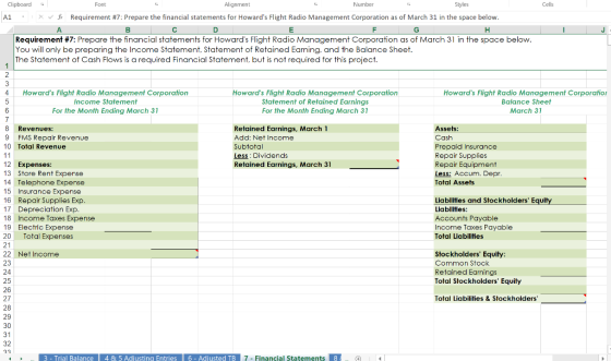Clipboard Font Alignment Number Styles Cells A1 Requirement #7: Prepare the financial statements for Howards Flight Radio Ma