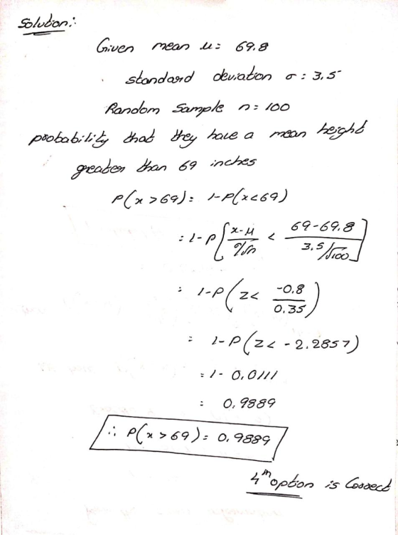 Solution: meas s Given 69.8 standard deviation 0 : 3,5 Random Sample 1:100 probability that they have a mean height greater