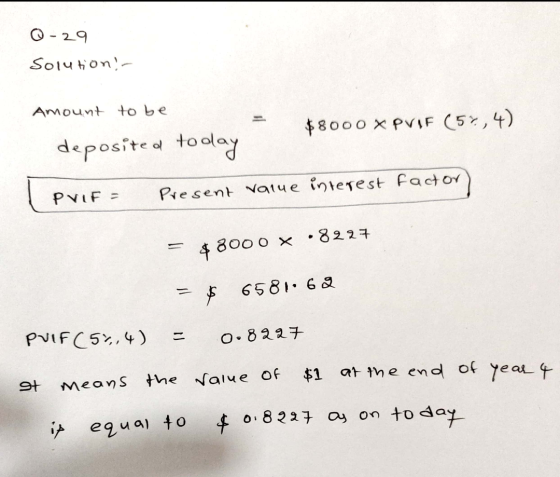 O29 Soluon Armount to be $8000 x PVIF (5,4) deposited toolay Present Natue interest Factor PVIF 8227 4800 0 x 11 6581 6a PVIF
