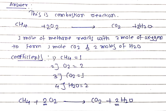 Answer: S combustion Deaction. CH4 +202 - co +2H2o I mole of methane reacts with a mole of oxygen to foom Imole co2 & a mole