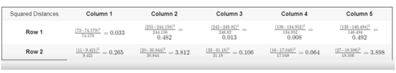 Squared Distances Column 1 Column 2 Column 3 Column 4 Column 5 (138-146 (73–74,579) = 0.033 Row 1 (255-244.156) 244.156 0.482