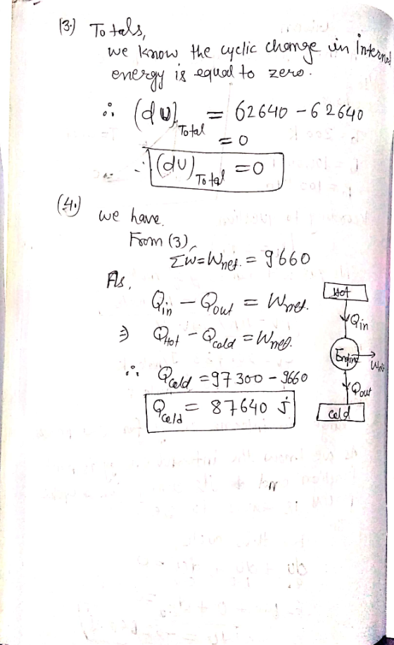 (3) Totals, we know the cyclic change in interne energy is equal to zero. ii (dul = 62640 -62640 Total o we have From (3), Ew