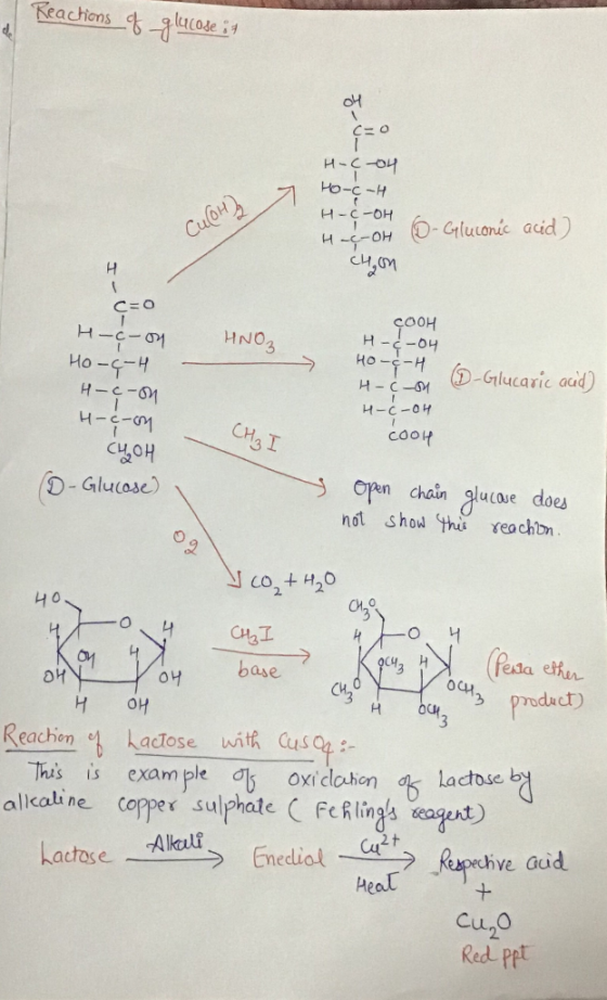 Reactions f-glucose : 1 7 to CuHg H-Co4 HO-C-H H-c-oh H.COH chon D-Gluconic acid) So HNO3 COOH H-¢-04 3 H-c-on HO-CH H-coon H