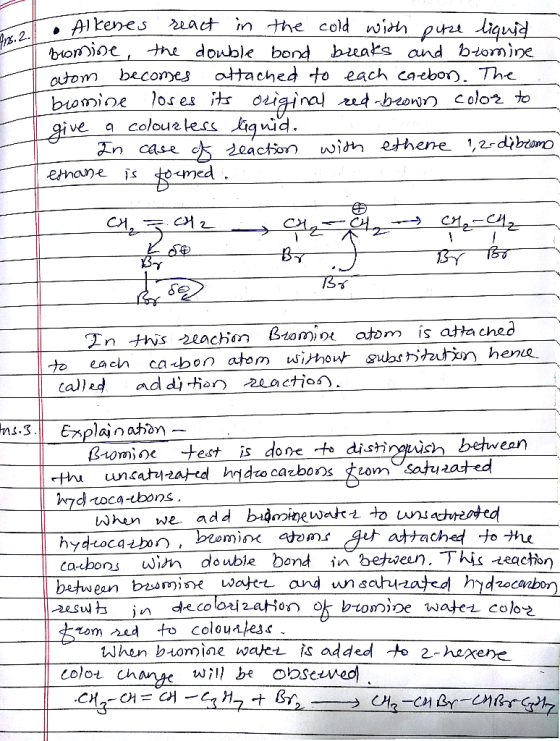 • Alkenes react in the cold with pure liquid bomine, the double bond breaks and bromine atom becomes attached to each caebon.