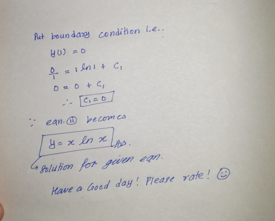 Put boundary condition ice.. 41)=0 우 = 100+ c o= 0 + c - Sci-o ean. becomes LA y=x en a LAD. Solution for geen ean. Have a go