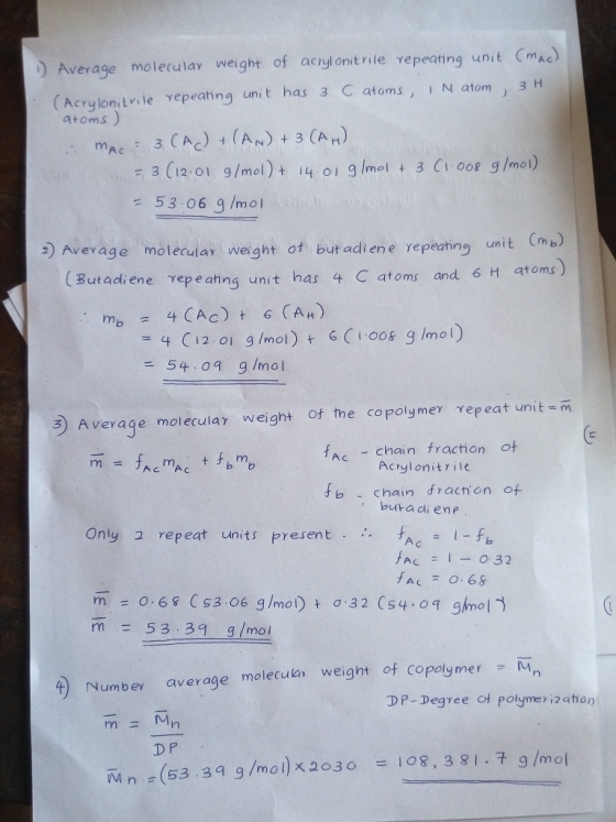 ) Average molerulay weight of aeylonitrile repeating unit ma) (Acrylonitrile γepeah ng unit has 3 C atoms, l N atom ) 3H atom
