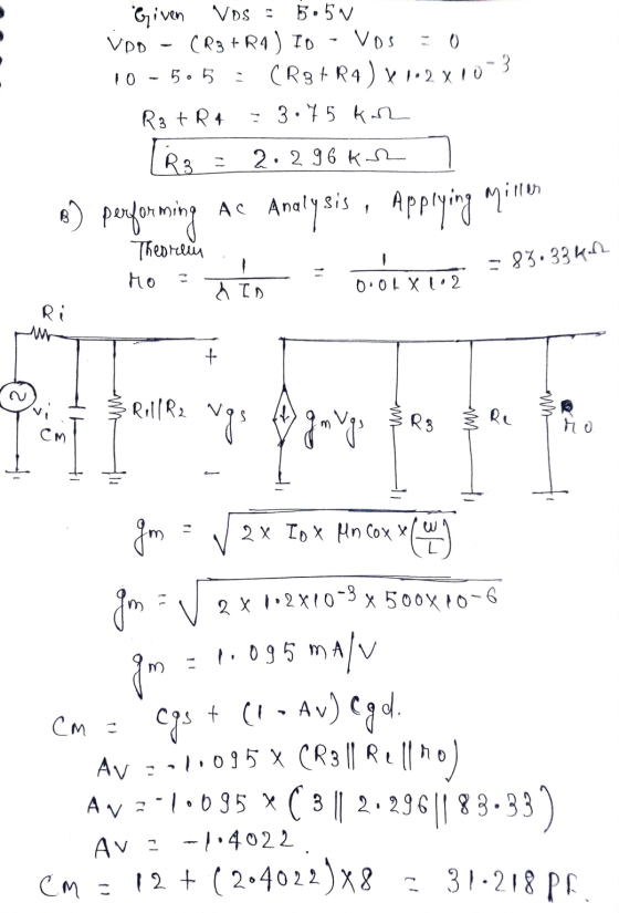 Given Vos : 5.5V Voo CR3+R4 ) to - Vos 10-5.5 CRER4 ) x 1-2x10-3 R3 t R 4 -3.75 kan 2.296 K 12 TRB B) performing Ас Analysis,