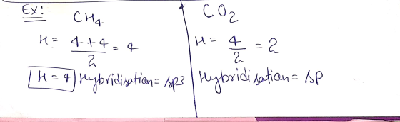 Ex: cң, 1 со H= 4+424 HS = 2 [ 4 = 4 Hybridisation : jp3 | Hybridisation= AP 2 .