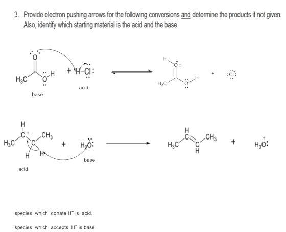 3. Provide electron pushing arrows for the following conversions and determine the products if not given. Also, identify whic