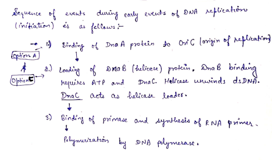 Sequence of events during early events of DNA replications linitiation) is as follows: 2 ) Binding of Dna A protein do Ori G