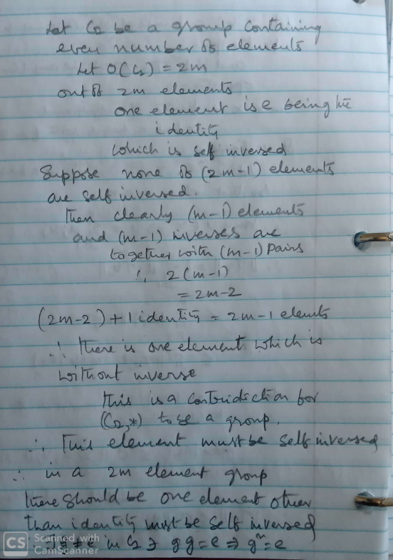 tat Co bele a groue. Containing eveu number os elemeuls Let oc4)= 2m outis zm elements one elemeur is e being he i deutity Lo