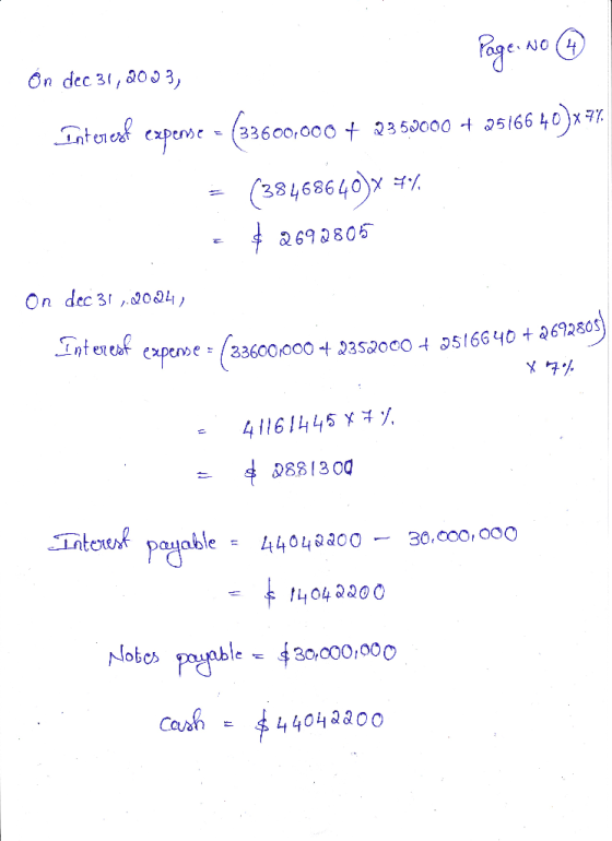 Page No ③ on dec 31, 2003, Interest expense - (23600,000 + 2359000 + 25166 40)x 77. = (38468640)x 4% 2692805 On dec 31, 2004)