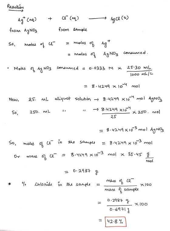 + Age(s) Reaction Agt (aq) from AgNO3 so, moles of C (aq) - from sample = moles of = moles of t Agt AgNO3 consumed. Moles of