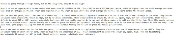 Brazil is going through a tough patch, but in the long term, theyll be all right. Brazil is now an upper-middle income natio