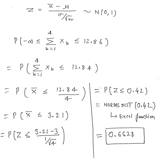z - x- 1 N(0,1). kal plass 3 X = 12,86) EPCÊ *€ 12684) =P [*3 13,84 ) = P(240.42) k= =P(t = 3.21) = NORMS DIST (0.42) L Excel