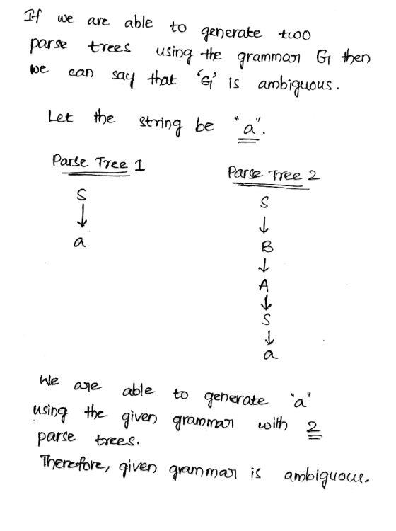 If we are able to generate two parse trees using the grammar G then we can say that G is ambiguous. Let the string be a. Pa