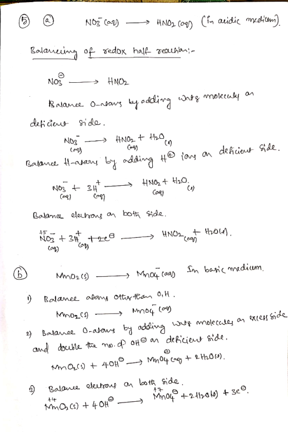 © @ NOZ Cags - HNOL Coq (in acidic meelicom). Balarining of redox half reachiani, NO - HNO2 Balance O-rdens by adding wats mo