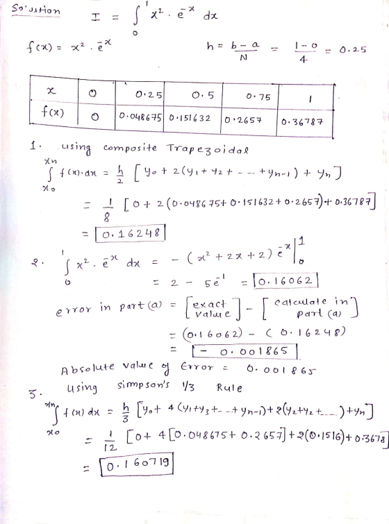 Solution - 2 T x². da f(x) = x².ex h-b-a N | - 0 4- ar 0.25 X 0.25 0.5 0.75 0.048675 0:151632 02657 0.36787 xn 2 no 1 X - 26