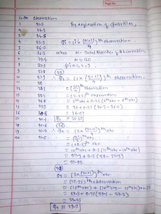 Page No.: So. No 4 s 6 37-S g 10 11 12 383 13 Observation 31.5 2 By defination of quarkles, 34-3 34-5 35.5 Di = 19 x (N+1) th