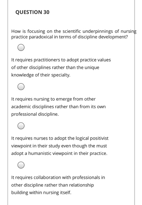 QUESTION 30 How is focusing on the scientific underpinnings of nursing practice paradoxical in terms of discipline developmen