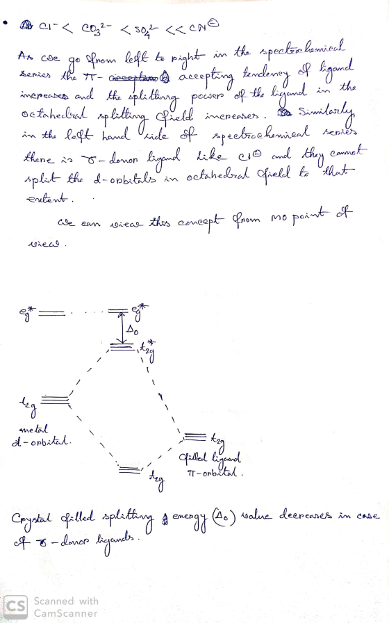 • A c1 2032- < son <ceno As we go from left to right in the spectro homical Serries the treaptan accepting tendency of ligand