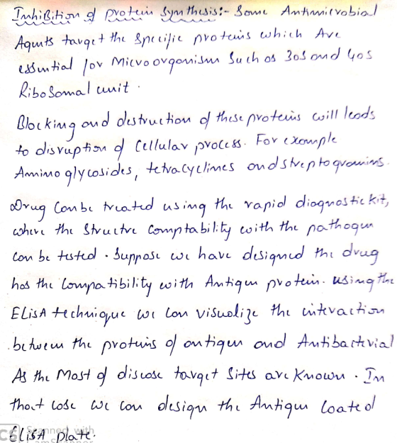 Inhibition o protein Synthesis:- Some Antiani vobiad Aquits target the specific protuis which are essential for Microorganism