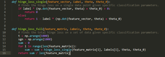 def hinge_loss_single(feature_vector, Label, theta, theta_®): # Finds the hinge loss on a single data point given specific cl