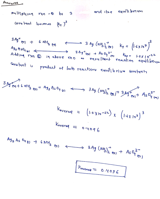 auwer multiplying equilibrium nn D by and itse 3 constant becomes 3 Agt er + Aga AsOy is a Adding ran 6 NH3 e t 3 Ag (NH3 2 1